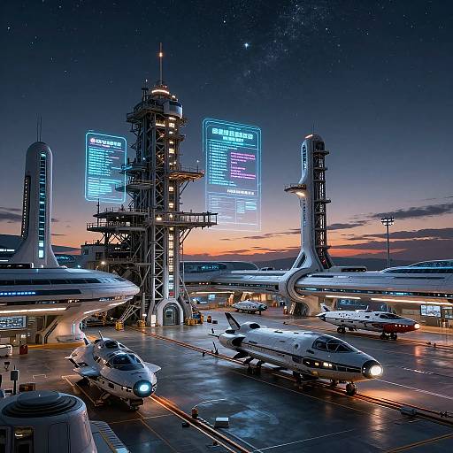 CGI futuristic airport scene at dusk, featuring sleek, white spacecrafts, illuminated neon signs, and towering structures against a starry sky.