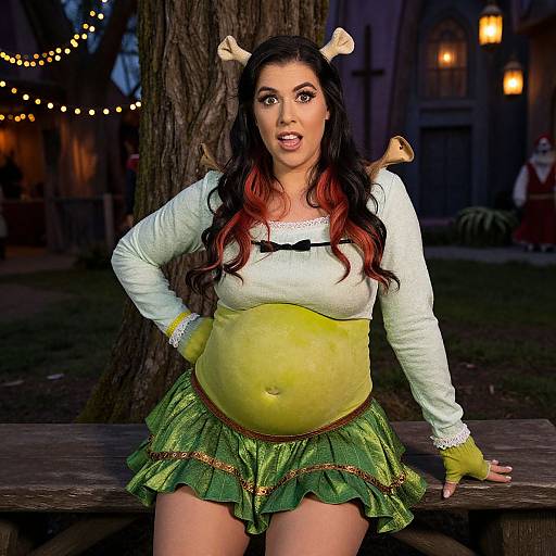 Photograph of a curvy woman with long black hair, wearing reindeer antlers, white top, yellow belly, green skirt, and gloves,