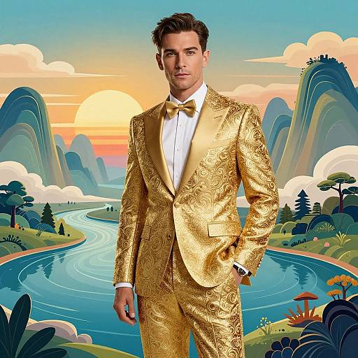 Confident Man in Gold Suit Landscape