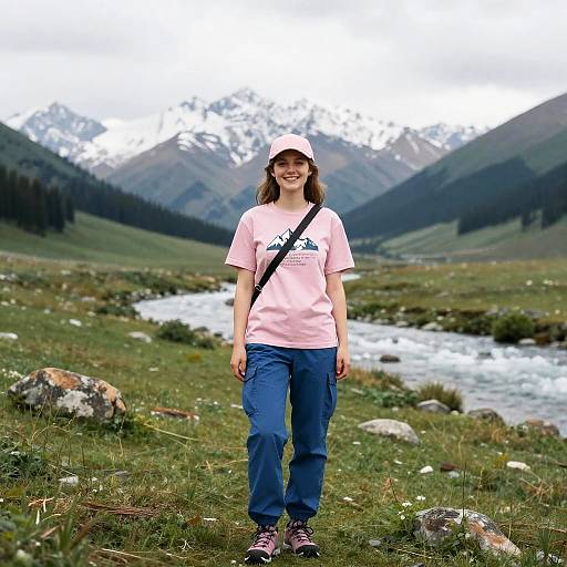 Photograph of a smiling woman with brown hair, wearing a pink t-shirt, blue pants, and cap, standing in a mountainous meadow with