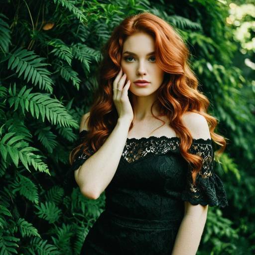 Elegant Redhead Woman in Black Lace Dress