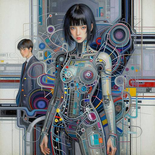 Digital art: Cybernetic woman with black bob, robotic armor, colorful circuitry, standing in front of a suited man in a futuristic lab.