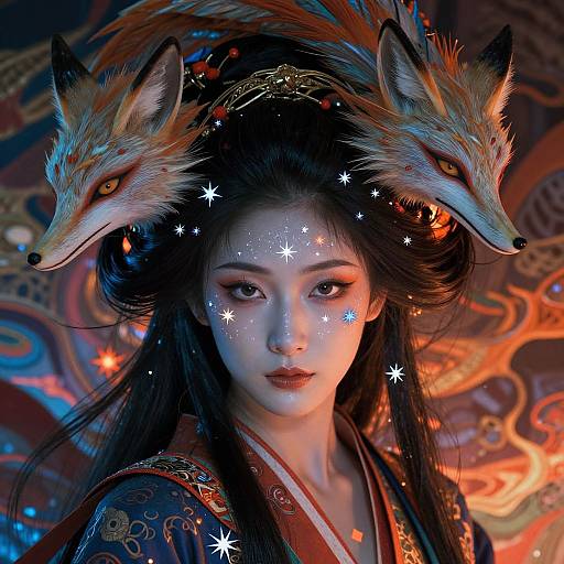 Digital art of an East Asian woman with star-covered face, wearing a fox headpiece with two realistic fox heads, in a colorful, mystical background.