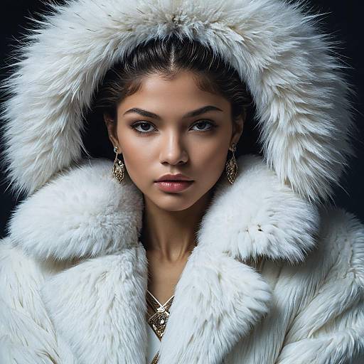 Woman in White Fur Coat with Hood