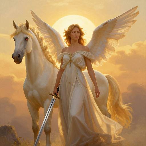 Digital artwork of a winged, blonde angelic woman in a flowing white dress holding a sword, standing beside a white horse, against a golden sunset