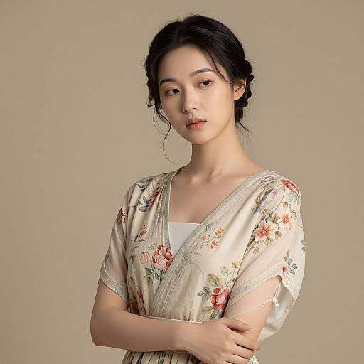 Photograph of an Asian woman with fair skin and black hair in a loose bun, wearing a floral-patterned beige silk blouse, standing against a plain