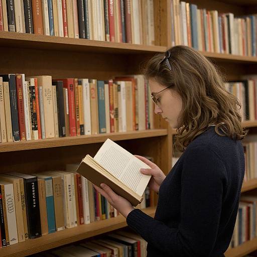 Photograph of a woman with wavy brown hair, glasses, and black sweater, reading a book in a well-stocked wooden library.