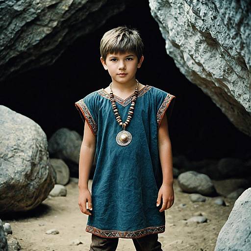 Boy in Cave Boy Costume Standing by Rocks