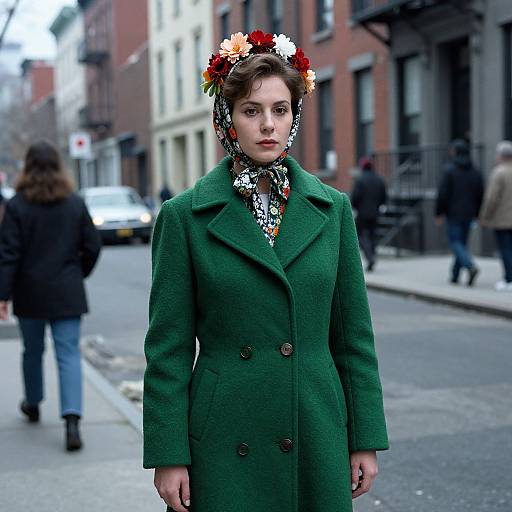 Photograph of a young woman with a flower crown, green coat, and patterned scarf, standing on a city street, blurred pedestrians and buildings in