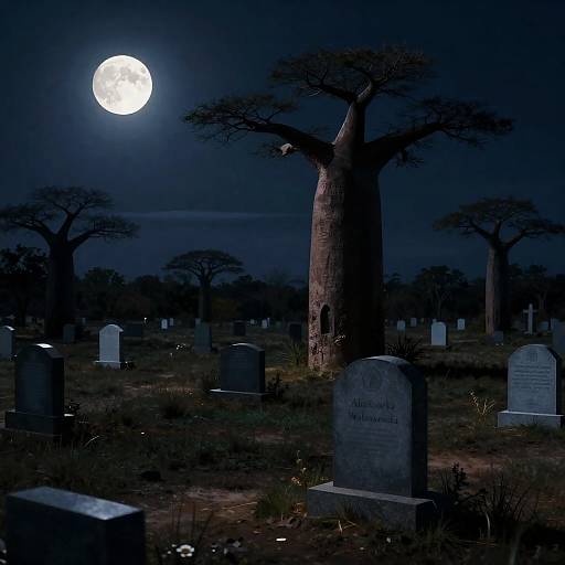 Photograph of a moonlit graveyard with a tall, dark tree in the foreground, surrounded by gravestones, under a bright full moon.