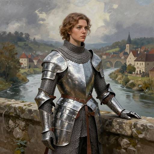 Digital painting of a curly-haired woman in shiny medieval armor standing on a stone wall overlooking a river and medieval village.