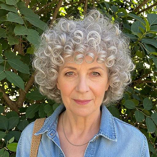 Photograph of an elderly woman with curly gray hair, light blue denim shirt, and silver necklace, smiling against a leafy green background.