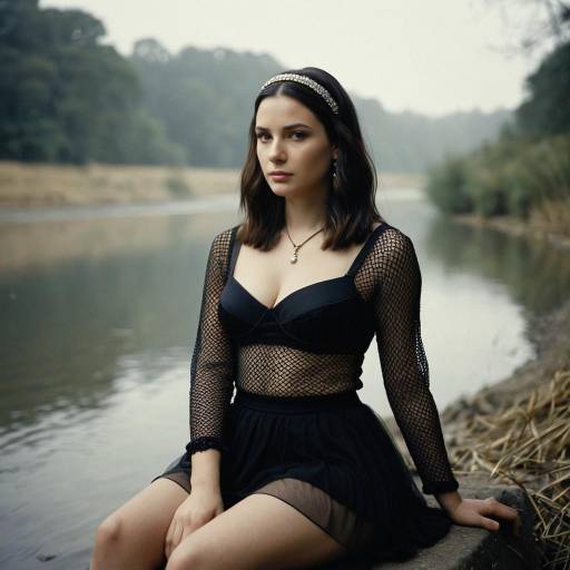 Young woman in black mesh dress by river