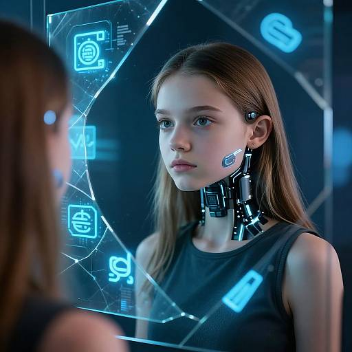 Photorealistic digital image of a young woman with long brown hair, cybernetic enhancements, and glowing blue interface icons reflected in a futuristic mirror.