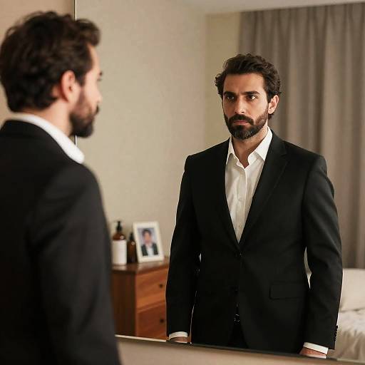 Man in Black Suit Looking in Mirror