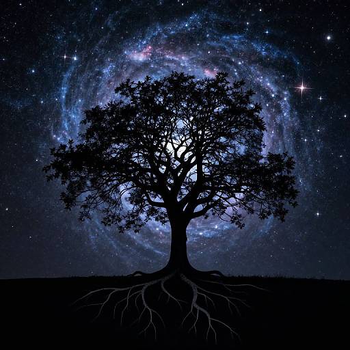 Silhouetted tree with sprawling roots against a glowing, spiral galaxy backdrop, filled with stars and cosmic light. Digital art.