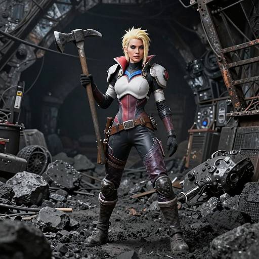Digital artwork of a blonde, muscular woman in a black and white armored suit, holding a pickaxe, standing in a dark, industrial rubble-filled tunnel