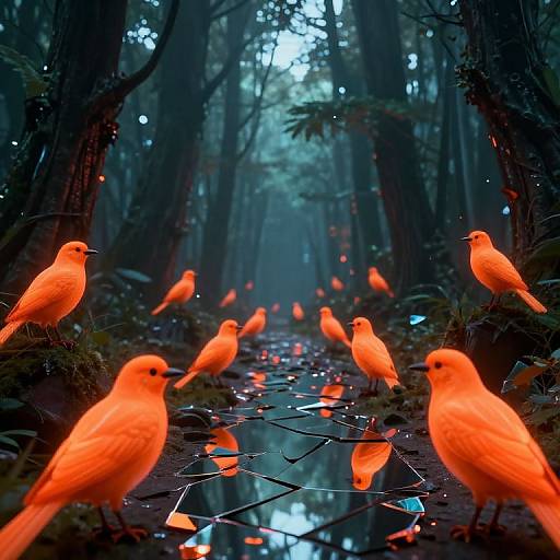 Photograph of a mystical forest with luminescent orange birds and glowing leaves on a reflective stream, creating a magical, ethereal atmosphere.