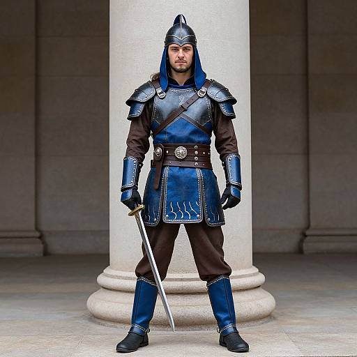 Photograph of a young man in blue medieval-style armor with a helmet, standing in front of a white pillar, holding a sword. Dark brown pants