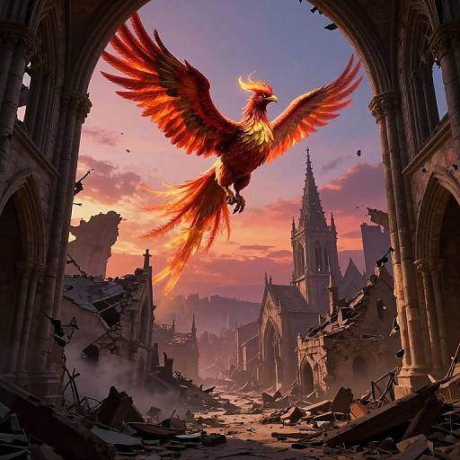 Phoenix Rising Over Ruined Medieval Town