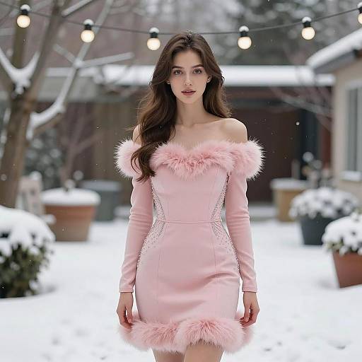 Woman in Pink Off-Shoulder Winter Dress