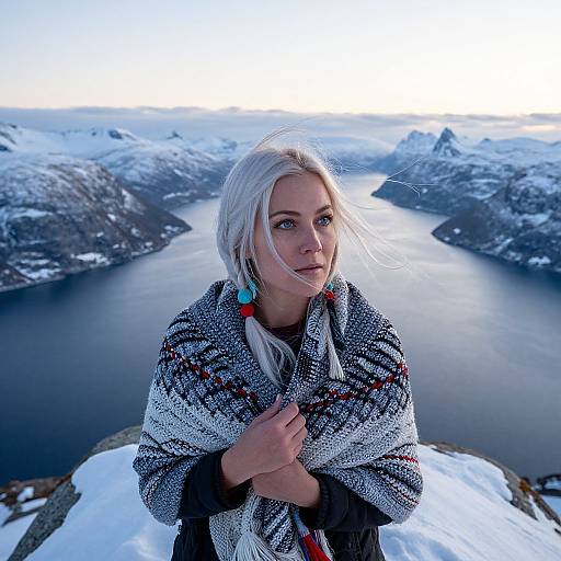 Photograph of a young woman with pale blonde hair, blue earrings, and a patterned woolen sweater, standing on a snowy cliff overlooking a frozen