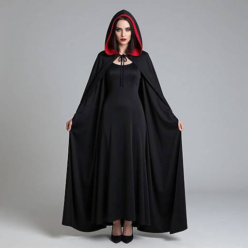 Photograph of a pale-skinned woman with red-black hair, wearing a long black gown and cape, standing against a gray background.