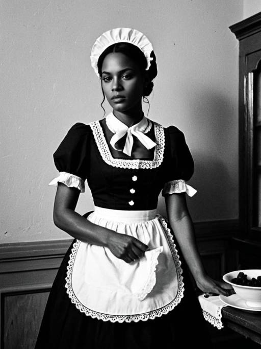 Black and White Portrait of Maid in Vintage Uniform