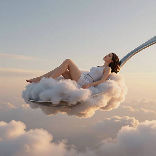 Digital artwork of a woman with short brown hair, wearing a white dress, reclining on a cloud with a curved metallic arm, floating above a sea