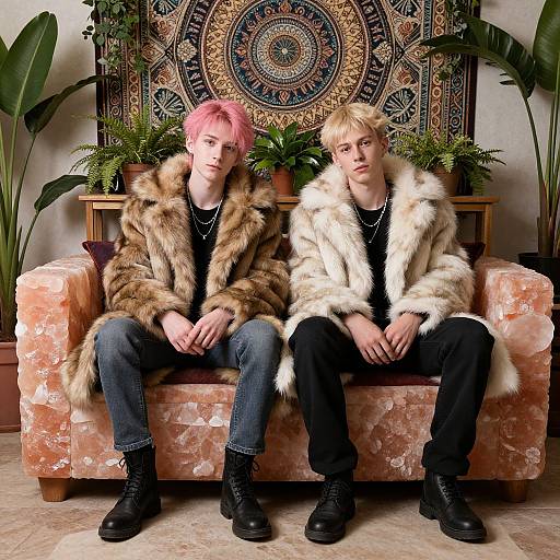 Photograph of two young men with pink and blonde hair, wearing fur coats over black shirts and jeans, sitting on a pink marble sofa in front of