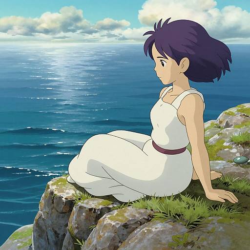 Anime-style drawing of a girl with purple hair, wearing a white dress, sitting on a rocky cliff, gazing at a blue ocean under a bright