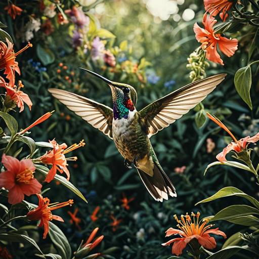 Colorful Hummingbird in Flower Garden