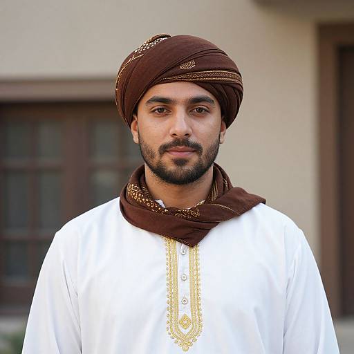 Photograph of a Middle Eastern man with olive skin, dark mustache, wearing a white traditional thobe, brown patterned keffiyeh,