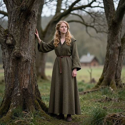 Photograph of a young woman with long, wavy blonde hair, wearing a dark green, medieval-style dress, standing against a tree in a lush
