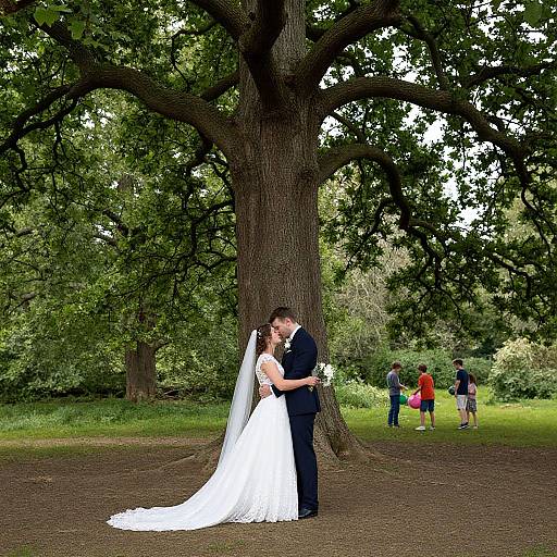 Photograph of a bride in white gown and veil, embracing groom in black suit, standing under large tree in park, with distant people and greenery