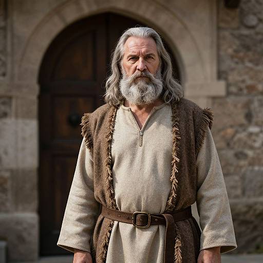 Older Man in Medieval Tunic and Woolen Vest