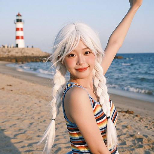 Photorealistic CGI image of a young Asian girl with long white braided hair, wearing a colorful striped tank top, smiling on a sunny beach with