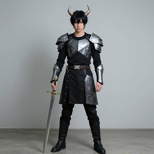Photograph of a young man with black hair and horns, wearing silver armor, black tunic, and boots, holding a sword, standing against a