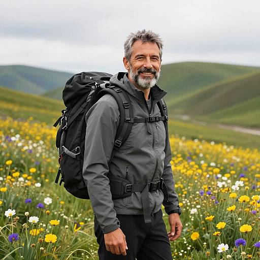 Photograph of a smiling middle-aged man with gray beard, wearing gray hiking jacket and black pants, with large backpack, standing in a vibrant wildflower
