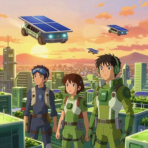 Digital anime-style illustration of three futuristic soldiers standing in a green-roofed cityscape at sunset, with three solar-powered hovercars in the sky.