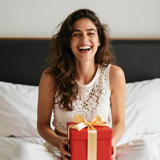 Photograph of a smiling woman with long, wavy brown hair, wearing a white lace sleeveless top, holding a red gift box with an orange