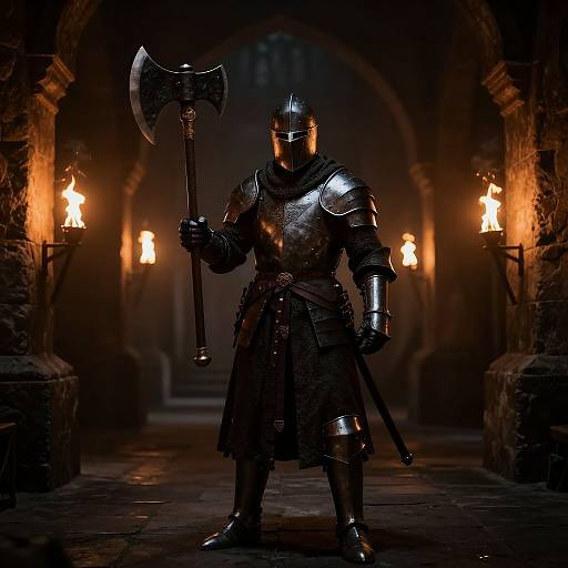 Dark medieval knight in full armor, holding a large axe, stands in a dimly lit stone corridor with torches glowing in the background. CGI image