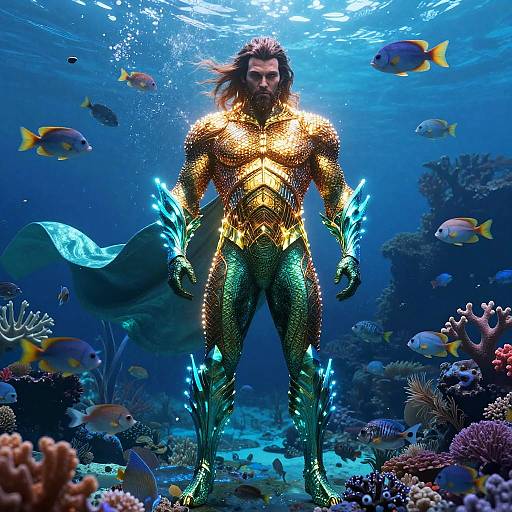 Photograph of a muscular, bearded man with long brown hair, wearing a glowing golden and green merman costume, standing underwater amidst colorful coral,