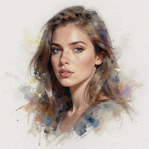 Digital painting of a young woman with long, wavy brown hair, light skin, and blue eyes, set against a colorful, abstract watercolor background