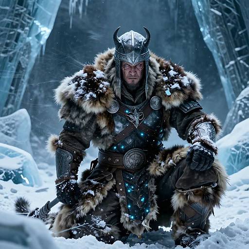 Photograph-style CGI of a fierce Viking warrior in snow-covered forest, crouching with fur-lined armor, horned helmet, and glowing blue accents