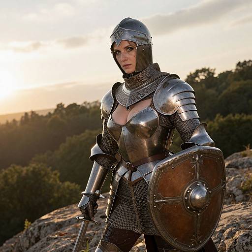 Photograph of a female knight in silver armor with a helmet, chainmail, and a round shield, standing on rocky terrain at sunset, holding a