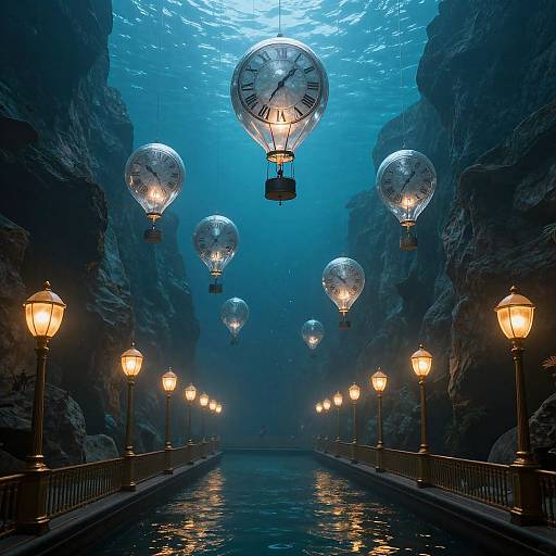 Photograph of a narrow, illuminated bridge with glowing street lamps and floating clock-themed balloons in a misty, blue-toned canyon.