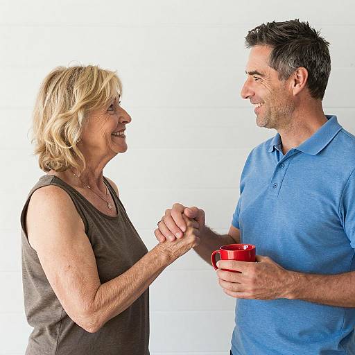 Older Woman and Middle-Aged Man Holding Hands