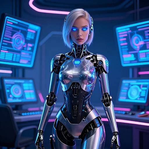 CGI image of a futuristic, silver and black robotic woman with blue glowing eyes, standing in a high-tech control room with neon blue screens.