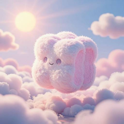 Whimsical, fluffy, pink-and-white cloud creature with cute, small eyes floating in a bright, sunlit sky surrounded by soft, pastel